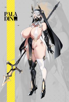 1girl absurdres black_veil breast_curtains breasts covered_erect_nipples covered_navel cyborg detached_collar full_body highres holding holding_polearm holding_weapon horns huge_breasts long_hair mask mechanical_arms mechanical_horns mechanical_legs nun original oxygen_mask_(oxygenmask233) pelvic_curtain polearm revealing_clothes single_mechanical_arm single_mechanical_leg single_thighhigh solo spear spikes thighhighs veil very_long_hair weapon white_hair white_thighhighs yellow_eyes