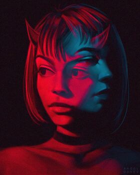 1girl angel_ganev antenna_hair artist_name black_background bob_cut choker collarbone commentary demon_girl demon_horns english_commentary film_grain highres horns lips looking_to_the_side nude original portrait realistic short_hair simple_background solo thick_eyelashes