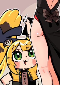 2girls :3 absurdres andii_(anzai_teachco) animal_ear_fluff animal_ears ass black_bow black_dress black_hair blush bow chibi china_dress chinese_clothes clothes_lift commentary_request dress green_eyes highres ju_fufu long_hair multiple_girls open_mouth orange_hair outline pelvic_curtain pelvic_curtain_lift short_sleeves simple_background solo_focus sweety_(zenless_zone_zero) tail tiger_ears tiger_tail translation_request white_outline zenless_zone_zero
