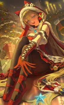 1girl animal_ear_hood aqua_eyes aqua_gem asha_(bangsom) ballerina ballet_slippers bangsom black_pantyhose blonde_hair box brooch cape christmas_tree commentary_request dress elbow_gloves fake_animal_ears fur-trimmed_cape fur-trimmed_dress fur-trimmed_gloves fur-trimmed_hood fur_trim gem gift gift_box gloves hood hooded_cape jewelry long_hair looking_at_viewer mole mole_under_eye open_mouth original pantyhose red_dress red_gloves red_shoes shoes sitting solo star_(symbol) teeth twintails upper_teeth_only very_long_hair
