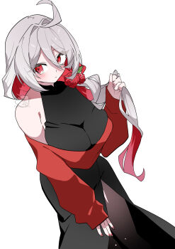 Rule 34 | 1girl, absurdres, ahoge, bare shoulders, black dress, blush, breasts, brown pantyhose, closed mouth, colored inner hair, covered collarbone, dress, dutch angle, flower, from above, grey hair, hair between eyes, hair intakes, highres, large breasts, long hair, long sleeves, looking at viewer, low ponytail, multicolored hair, nail polish, off-shoulder dress, off-shoulder sweater, off shoulder, oimotororo1116, original, pantyhose, ponytail, red eyes, red flower, red hair, red nails, red rose, red sweater, rose, signature, simple background, sleeveless, sleeves past wrists, solo, sweater, white background