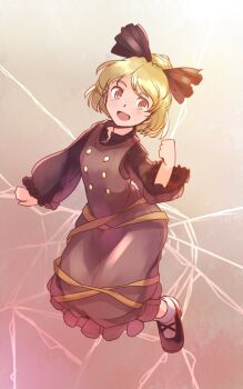 1girl :d black_bow black_shirt black_shoes blonde_hair bow brown_dress buttons clenched_hand commentary_request dress gradient_background hair_bow hair_bun hand_up kurodani_yamame light_blush long_sleeves one-hour_drawing_challenge open_mouth orange_background orange_eyes puffy_long_sleeves puffy_sleeves rangycrow shirt shoes short_hair smile socks solo spider_web_background touhou white_socks