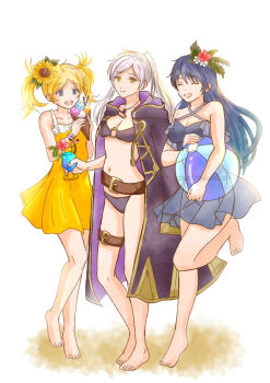 3girls armpit_crease ball barefoot beach beachball belt bikini blonde_hair blue_eyes blue_hair breasts cleavage closed_eyes coat coat_on_shoulders collarbone cross-laced_clothes curled_fingers dress drink eyelashes feet feet_up female_focus female_robin_(fire_emblem) fingernails fire_emblem fire_emblem_awakening fire_emblem_heroes flat_chest flower flower_on_head friends full_body green_eyes groin hair_flower hair_ornament halterneck highres holding holding_ball holding_drink holding_food holding_ice_cream ice_cream ice_cream_cone intelligent_systems jewelry knees legs light_smile lissa_(fire_emblem) long_hair lucina_(fire_emblem) lucina_(summer)_(fire_emblem) medium_breasts midriff moverabbit0305 multiple_girls navel necklace o-ring o-ring_bikini official_alternate_costume one-piece_swimsuit open_mouth outdoors see-through_clothes see-through_dress sidelocks small_breasts smile standing standing_on_one_leg summer sunflower sunflower_hair_ornament swept_bangs swimsuit swimsuit_skirt thigh_belt thigh_strap thighs tiptoes toenails toes twintails underboob white_hair yellow_eyes
