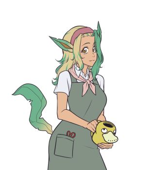 Rule 34 | 1girl, :3, animal ears, apron, blonde hair, breasts, brown eyes, closed mouth, collared shirt, commentary, cowboy shot, english commentary, gen 1 pokemon, gen 4 pokemon, green apron, green hair, hairband, holding, holding watering can, kirby otaku, leafeon, looking at viewer, medium breasts, multicolored hair, nintendo, personification, pokemon, psyduck, purple hairband, scissors, shirt, short sleeves, simple background, smile, solo, streaked hair, tail, transparent background, watering can, white shirt
