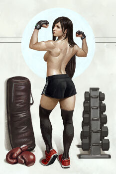 1girl astor_alexander black_hair black_thighhighs breasts brown_hair dolphin_shorts dumbbell earrings final_fantasy final_fantasy_vii final_fantasy_vii_remake fingerless_gloves flexing floating_earrings from_behind full_body gloves highres jewelry long_hair looking_back medium_breasts mma_gloves muscular muscular_female punching_bag realistic red_shoes shoes shorts sideboob sneakers solo square_enix thighhighs tifa_lockhart topless_female very_long_hair