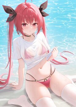 1girl :t absurdres azur_lane beach bikini bikini_under_clothes black_ribbon blush breasts commentary_request date_a_live doraski hair_ribbon highres itsuka_kotori itsuka_kotori_(waterside_goddess) long_hair looking_at_viewer medium_breasts navel official_alternate_costume pink_bikini pout red_eyes red_hair ribbon see-through_clothes sitting solo swimsuit thighhighs thighs twintails very_long_hair wet wet_clothes white_thighhighs