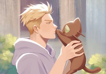 1boy animal black_cat blonde_hair blue_eyes cat closed_mouth commentary from_side grey_hoodie highres holding holding_animal holding_cat hood hood_down hoodie kookirani kuroneko_(trigun) looking_at_animal male_focus millions_knives paw_up short_hair short_sideburns sideburns symbol-only_commentary trigun trigun_stampede upper_body