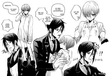 2boys black_hair butler ciel_phantomhive covered_erect_nipples formal_clothes gloves greyscale highres kurosh00kie kuroshitsuji lactation loading_icon male_focus male_pregnancy monochrome multiple_boys necktie sebastian_michaelis shota slippers speech_bubble suit