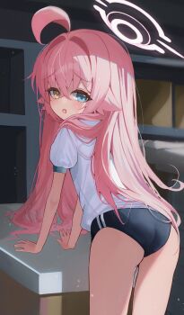 1girl absurdres ahoge ass blue_archive blue_buruma buruma chii_(k_ung) from_behind gym_uniform halo heterochromia highres hoshino_(blue_archive) leaning_forward loli long_hair looking_back open_mouth pink_hair pink_halo shirt short_sleeves solo thighs white_shirt