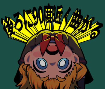 1girl arched_back blonde_hair blue_eyes bow bowtie bright_pupils buttons commentary_request cookie_(touhou) green_background kirisame_marisa looking_at_viewer meguru_(cookie) melanin_shikiso open_mouth red_bow red_bowtie simple_background solo touhou translation_request upper_body upside-down white_pupils