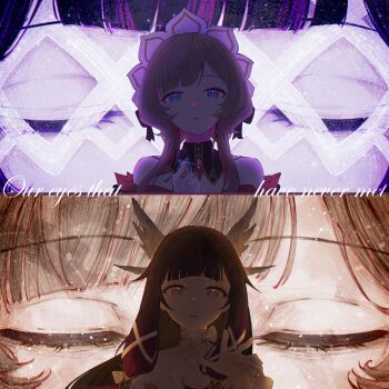 2girls absurdres black_hair blue_eyes brown_hair closed_eyes columbina_(genshin_impact) commentary english_text gem genshin_impact hand_up heart highres long_hair multiple_girls open_mouth parted_lips pink_eyes raito_taisha red_gem sandrone_(genshin_impact)