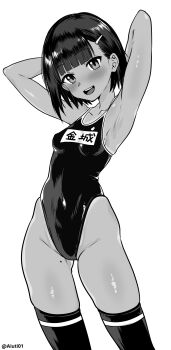 1girl absurdres aiuti armpits arms_behind_head breasts commentary_request competition_school_swimsuit dark-skinned_female dark_skin gluteal_fold greyscale highleg highleg_one-piece_swimsuit highres monochrome name_tag one-piece_swimsuit open_mouth original presenting_armpit school_swimsuit short_hair small_breasts smile solo swimsuit tan teeth thighhighs upper_teeth_only