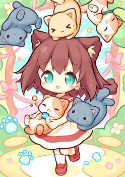>_< 1girl :o aikei_ake animal animal_ear_fluff animal_ears blue_eyes blush brown_hair cat cat_teaser chibi closed_eyes closed_mouth commentary_request dress full_body hair_between_eyes holding holding_animal kneehighs loafers original parted_lips red_sailor_collar red_shoes sailor_collar sailor_dress shoes socks solo standing standing_on_one_leg tail white_dress white_socks