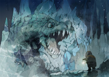 2boys beard cave creature demizu_posuka dwarf facial_hair frozen hood ice monster multiple_boys original serpent sword weapon
