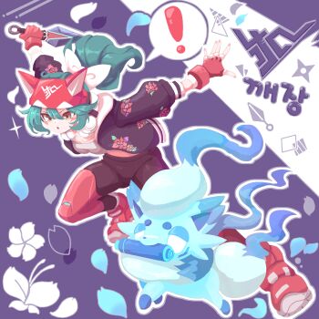 ! 1girl black_jacket commentary_request commission green_hair hair_between_eyes highres hisuian_zorua holding holding_weapon jacket kiriko_(overwatch) korean_commentary korean_text kunai midriff nintendo open_mouth overwatch pokemon pokemon_(creature) ponytail red_shoes running scroll_tube shoes speech_bubble spoken_exclamation_mark translation_request ttrtag weapon