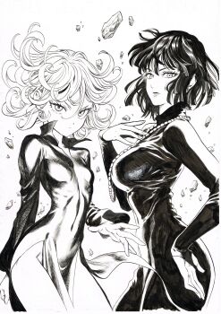 2girls absurdres bob_cut breasts closed_mouth covered_navel cowboy_shot debris dress floating_clothes floating_hair fubuki_(one-punch_man) greyscale hair_between_eyes highres impossible_clothes jewelry long_sleeves looking_at_viewer medium_breasts monochrome multiple_girls murata_yuusuke necklace no_panties official_art one-punch_man pearl_necklace pelvic_curtain short_hair siblings sisters small_breasts tatsumaki telekinesis traditional_media