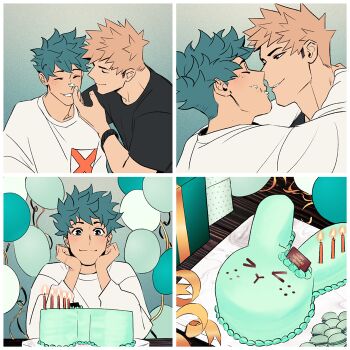 Rule 34 | > <, 2boys, 5mll3, arm up, bakugou katsuki, balloon, birthday, birthday cake, black shirt, blonde hair, boku no hero academia, border, cake, candle, crew neck, elbows on table, food, food on face, freckles, gift, green eyes, green hair, icing, imminent kiss, male focus, midoriya izuku, multiple boys, red eyes, ribbon, shirt, short hair, t-shirt, white border, white shirt, yaoi
