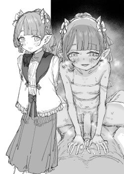 013_(hamsasuke) 2boys arms_behind_back blush boy_on_top camisole closed_mouth cowgirl_position erection greyscale highres horns large_penis looking_at_viewer male_focus monochrome multiple_boys multiple_views open_mouth original penis pointy_ears sex skirt smile solo_focus straddling strap_slip trap uncensored yaoi