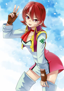 1girl :d ascot breasts collarbone cosplay dress female_focus flipped_hair highres large_breasts long_sleeves looking_at_viewer open_mouth pink_dress red_ascot red_eyes red_nails red_hair red_vest school_girl_strikers short_hair smile solo thighhighs uragami_akara utsugi_mikoto utsugi_mikoto_(cosplay) v vest white_thighhighs yuusha_ou_gaogaigar yuusha_series