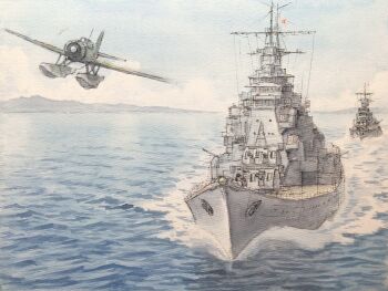 Rule 34 | aichi e13a, aircraft, airplane, atelier bono, blue sky, choukai (cruiser), commentary request, floatplane, highres, imperial japanese navy, military, military vehicle, no humans, ocean, original, painting (medium), rising sun flag, sailing, seaplane, ship, ship turret, sky, smokestack, sunburst, traditional media, vehicle focus, warship, watercolor (medium), watercraft, waves