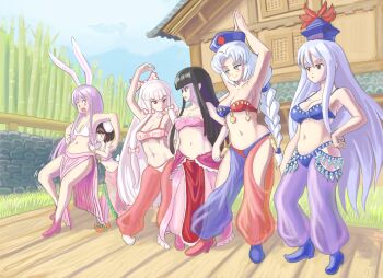 Rule 34 | >:(, 6+girls, abs, animal ears, arabian clothes, armpits, bare arms, belly, belly dancing, blue hair, blunt bangs, blush, blush stickers, bow, bra, breasts, brown hair, confused, d:, d:<, dancer, eientei, eye contact, floppy ears, frown, fujiwara no mokou, full body, green eyes, hair bow, hair ribbon, harem outfit, harem pants, hat, highres, hime cut, hip focus, houraisan kaguya, inaba tewi, jewelry, kamishirasawa keine, long hair, long skirt, looking at another, medium breasts, multicolored hair, multiple girls, navel, open mouth, pants, petite, plump, poking belly, pout, profitwalrus, purple hair, rabbit ears, rabbit tail, red eyes, reisen udongein inaba, revision, ribbon, see-through clothes, short hair, skindentation, skirt, smile, smirk, smug, streaked hair, surprised, tail, toned, toned female, touhou, tress ribbon, underwear, v-shaped eyebrows, very long hair, white hair, yagokoro eirin