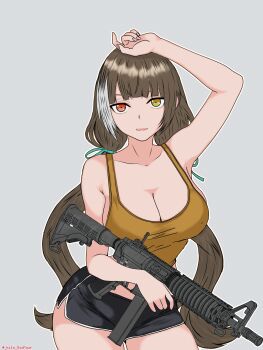 1girl :d absurdres arm_up bare_arms bare_shoulders black_shorts breasts brown_hair cimol95 cleavage covered_erect_nipples cowboy_shot dolphin_shorts dot_nose fingernails girls'_frontline girls'_frontline_2:_exilium gun heterochromia highres holding holding_gun holding_weapon ibispaint_(medium) large_breasts leaning_to_the_side long_hair multicolored_hair open_mouth red_eyes ro635_(girls'_frontline) robella_(girls'_frontline_2) shirt short_shorts shorts simple_background smile solo streaked_hair submachine_gun tank_top teeth thighs twintails two-tone_hair upper_teeth_only very_long_hair weapon white_hair white_streaks white_trim yellow_eyes yellow_shirt yellow_tank_top