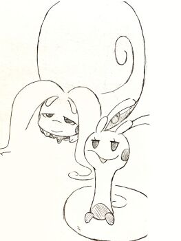 closed_mouth commentary_request evolutionary_line greyscale hisuian_goodra hisuian_sliggoo horubi_non jitome monochrome nintendo no_humans open_mouth pokemon pokemon_(creature) pokemon_focus shell simple_background slime_(substance) smile traditional_media white_background