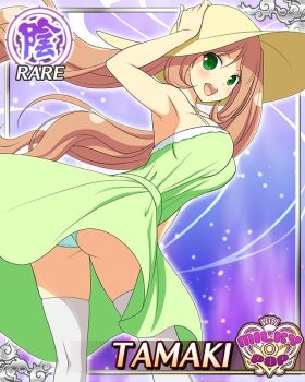 1girl blue_panties border breasts brown_hair card_(medium) character_name cleavage dress english_text game_cg green_dress green_eyes hand_on_headwear hat large_breasts long_hair looking_at_viewer looking_back official_alternate_costume official_art open_mouth panties pantyshot senran_kagura senran_kagura_new_wave skindentation smile solo sun_hat tamaki_(senran_kagura) thighhighs twintails underwear white_thighhighs wind wind_lift