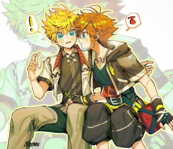 Rule 34 | !, 2boys, absurdres, artist name, black gloves, black jacket, black pantyhose, black vest, blonde hair, blue eyes, blush, brown hair, chain, chain necklace, cropped jacket, feet out of frame, fingerless gloves, gloves, hair between eyes, hand on another's leg, highres, hover hand, jacket, jewelry, kingdom hearts, kingdom hearts ii, leaning forward, looking at another, male focus, moomusapi, multiple boys, musical note, necklace, pantyhose, parted lips, roxas, short hair, short sleeves, sitting, smile, sora (kingdom hearts), spiked hair, spoken exclamation mark, spoken musical note, vest, white jacket, yaoi