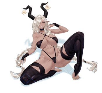 1girl artist_name asymmetrical_bangs azur_lane bikini black_bikini black_choker black_thighhighs blonde_hair braid breasts bridal_legwear cameltoe choker cleavage collarbone commentary dark-skinned_female dark_skin english_commentary feet full_body gabriel_carrasquillo glove_bow hair_over_one_eye hand_up highleg highleg_bikini horn_ornament horns knee_up large_breasts large_horns legs long_bangs long_hair looking_at_viewer low_twin_braids mole mole_under_mouth navel owari_(azur_lane) pointy_ears shadow sitting skindentation smile solo spread_legs stomach swimsuit thick_thighs thighhighs thighs tiptoes toeless_legwear toes twin_braids very_long_hair yellow_eyes