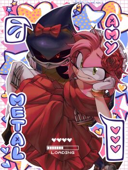 1boy 1girl alternate_costume alternate_hairstyle amy_rose black_sclera carrying colored_sclera dress flying_sweatdrops furry furry_female gloves hand_on_own_cheek hand_on_own_face heart highres humanoid_robot looking_at_viewer looking_up metal_sonic princess_carry progress_bar red_dress red_eyes red_ribbon ribbon robot smile sonic_(series) spoken_heart wtopka