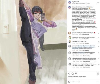 breasts cameltoe caption commentary edrix3 fighter_(goblin_slayer!) gluteal_fold instagram large_breasts ponytail selfie split standing standing_on_one_leg standing_split