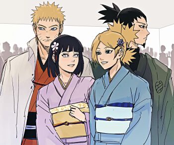 2boys 2girls black_eyes black_hair blonde_hair blue_eyes blue_kimono bob_cut boruto:_naruto_next_generations cape collared_cape commentary_request facial_hair facial_mark flower frown goatee hair_flower hair_ornament highres husband_and_wife hyuuga_hinata japanese_clothes kimono multiple_boys multiple_girls nara_shikamaru naruto_(series) notane_n obi purple_eyes purple_kimono quad_tails sash temari_(naruto) topknot uzumaki_naruto whisker_markings white_cape wide_sleeves