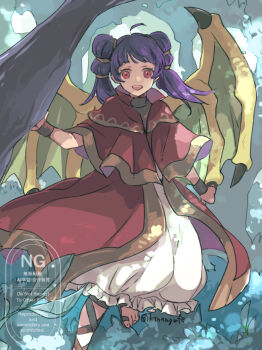 1girl breasts dragon_girl dragon_wings dress fire_emblem fire_emblem:_the_sacred_stones green_wings long_hair looking_at_viewer multi-tied_hair myrrh_(fire_emblem) nintendo open_mouth purple_hair red_eyes smile solo tenjin_(ahan) twintails wings