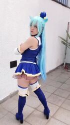 1girl animated aqua_(konosuba) ass audible_music bare_shoulders blue_hair boots brazilian_(nationality) closed_mouth cosplay crying female_focus half-closed_eyes high_heel_boots high_heels kono_subarashii_sekai_ni_shukufuku_wo! long_hair looking_at_viewer looking_back nerokosplayer no_panties open_mouth photo_(medium) real_life skirt smile solo sound tagme teeth thighhighs video white_thighhighs