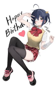 Rule 34 | 1girl, 2025, absurdres, ahoge, bandaged arm, bandages, black hair, black thighhighs, blue eyes, blush, breasts, brown vest, chuunibyou demo koi ga shitai!, commentary request, eyepatch, grin, gunu (nyzn3223), hair ribbon, happy birthday, highres, large breasts, looking at viewer, medical eyepatch, miniskirt, one side up, plaid clothes, plaid skirt, red skirt, ribbon, school uniform, shirt, shoes, short hair, short sleeves, skirt, smile, solo, takanashi rikka, teeth, thighhighs, v, vest, white shirt