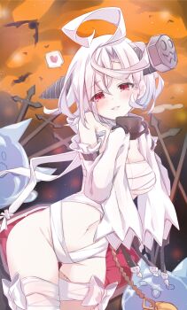 1girl absurdres azur_lane bandages black_gloves blush breasts cleavage cup detached_sleeves ghost gloves halloween highres holding holding_cup large_breasts long_hair looking_at_viewer mikuchi3939 naked_bandage navel object_through_head red_eyes screw screw_in_head smile solo stitches terror_(azur_lane) terror_(halloween_terror)_(azur_lane) white_hair