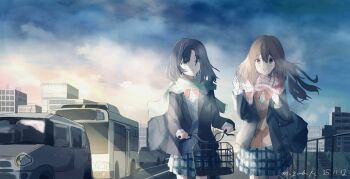 2girls adachi_sakura adachi_to_shimamura bicycle black_hair black_jacket blazer blush brown_cardigan brown_eyes brown_hair building bus car cardigan commentary dated floating_hair green_scarf grey_cardigan grey_eyes grey_skirt hashtag-only_commentary highres index_finger_raised jacket motor_vehicle multiple_girls muzf8324 one_eye_closed open_mouth outdoors pink_scarf plaid_clothes plaid_skirt pleated_skirt pushing_bicycle scarf shimamura_hougetsu skirt smile sunset