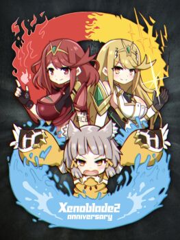 3girls animal_ears anniversary blonde_hair blunt_bangs bob_cut bodysuit breasts cat_ears chromatic_aberration commentary_request earrings energy fingerless_gloves fire gloves grey_hair highres jewelry jumpsuit large_breasts long_hair ma2acworks multiple_girls mythical_pokemon mythra_(xenoblade) nia_(xenoblade) open_mouth pyra_(xenoblade) red_eyes red_hair short_hair smile swept_bangs tiara water white_gloves xenoblade_chronicles_(series) xenoblade_chronicles_2 yellow_bodysuit yellow_eyes yellow_jumpsuit