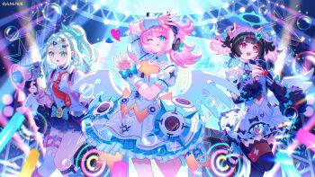 Rule 34 | 3girls, ;p, absurdres, angels of delusion, aqua streaks, aria (zenless zone zero), arm warmers, bandaid, bandaid hair ornament, black choker, black hair, black skirt, black thighhighs, blue eyes, bow, bubble, chinese commentary, choker, collared shirt, colored inner hair, commentary request, dress, earrings, fur-trimmed skirt, fur-trimmed sleeves, fur trim, green bow, green eyes, green hair, hair between eyes, hair ornament, highres, holding, holding megaphone, holding microphone, jewelry, mechanical ears, megaphone, microphone, multicolored hair, multiple girls, multiple hair clips, multiple thigh straps, music, musical note earrings, nangong yu, necktie, one eye closed, open mouth, orange eyes, pink arm warmers, pink bag, pink hair, puffy short sleeves, puffy sleeves, red necktie, shirt, short sleeves, singing, skirt, standing, standing on one leg, striped arm warmers, sunna (zenless zone zero), thigh strap, thighhighs, tongue, tongue out, viclim-monou, white dress, white shirt, white wings, winged bag, wings, y2k fashion, zenless zone zero