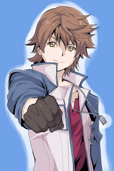 1boy ao_no_kiseki blue_background brown_hair clenched_hand commentary_request dog_tags eiyuu_densetsu gloves hair_between_eyes hajimari_no_kiseki high_collar highres jacket lloyd_bannings male_focus mullet outline outstretched_arm portrait scene_reference short_hair simple_background smile solo surasho_oekaki upper_body white_outline yellow_eyes zero_no_kiseki