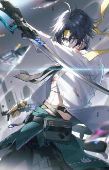 Rule 34 | 1boy, antenna hair, aqua jacket, arm up, asaba harumasa, asymmetrical gloves, bandaged chest, bandages, belt, belt pouch, black belt, black choker, black gloves, black hair, black necktie, black pants, bleeding, blood, blood from forehead, blood on clothes, blood on face, bloody bandages, blurry, blurry background, choker, clothes around waist, collared shirt, commentary request, cowboy shot, dual wielding, earrings, glass shards, gloves, headband, highres, holding, holding sword, holding weapon, jacket, jacket around waist, jewelry, kawausoman, long sleeves, looking at viewer, male focus, mismatched gloves, necktie, open clothes, open shirt, pants, parted bangs, partially fingerless gloves, pill, pouch, shirt, short hair, solo, standing, sword, thigh strap, v-shaped eyebrows, weapon, white shirt, yellow eyes, yellow gloves, yellow headband, zenless zone zero