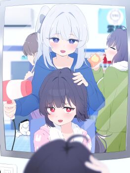 1boy 4girls ? absurdres alternate_costume black_hair blue_archive blue_eyes blue_jacket blush brown_hair doodle_sensei_(blue_archive) hair_dryer highres jacket juice long_hair miyako_(blue_archive) miyu_(blue_archive) moe_(blue_archive) multiple_girls rabbit_platoon_(blue_archive) red_eyes saki_(blue_archive) seedman_trash sensei_(blue_archive) thumbs_up white_hair