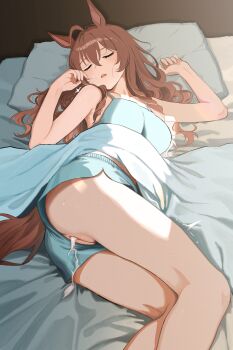 1girl absurdres acreen after_vaginal aftersex ahoge animal_ears bed_sheet blue_shorts blue_tank_top breasts brown_hair closed_eyes clothing_aside cum cum_in_pussy cumdrip dolphin_shorts eyelashes feet_out_of_frame hair_between_eyes highres horse_ears horse_girl horse_tail indoors large_breasts long_bangs long_hair lying mejiro_bright_(umamusume) on_bed on_side open_mouth pillow pussy shorts shorts_aside sleep_molestation sleeping solo tail tank_top umamusume uncensored variant_set wavy_hair