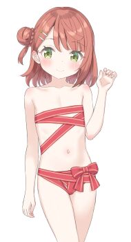 1girl absurdres areola_slip arm_at_side blush bow braid brown_hair bun_with_braided_base chinese_commentary closed_mouth collarbone commentary_request flat_chest green_eyes hair_bun hair_ornament hairclip hand_up highres hong_si_lin loli looking_at_viewer love_live! love_live!_nijigasaki_high_school_idol_club medium_hair naked_ribbon navel parallel_hairclips parted_bangs partial_commentary red_bow red_ribbon ribbon simple_background single_side_bun smile solo uehara_ayumu white_background