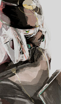 1boy asclepius_(fate) asclepius_(second_ascension)_(fate) black_hat black_mask black_robe fate/grand_order fate_(series) green_eyes grey_background grey_hair hair_between_eyes hat highres holding looking_ahead male_focus mask mouth_mask pichoko robe simple_background upper_body