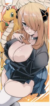 1girl absurdres black_eyes black_jacket blonde_hair blue_skirt blush breasts choker claws cleavage collarbone cynthia_(pokemon) dragon dragonite gen_1_pokemon green_eyes hair_ornament hair_over_one_eye hand_on_own_chest head_wings highres jacket kinakomochi_(user_vedc2333) large_breasts long_hair long_sleeves looking_at_viewer mega_dragonite mega_pokemon nintendo orange_background pokemon pokemon_(creature) pokemon_dppt skirt smile standing thick_thighs thighhighs thighs waving white_thighhighs wings