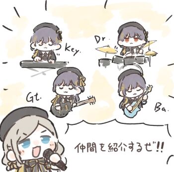 5girls :d ao_kaeru bass_guitar black_bow black_bowtie black_hat black_jacket black_necktie blue_eyes blush bow bowtie ceras_yanagida_lilienfeld chibi chibi_only clone collared_shirt commentary_request cymbals drum drum_set drumsticks edel_note electric_guitar grey_hair guitar hair_ribbon hat highres holding holding_drumsticks holding_microphone instrument jacket katsuragi_izumi keyboard_(instrument) link!_like!_love_live! long_hair love_live! microphone multiple_girls music necktie official_alternate_costume open_clothes open_jacket open_mouth playing_guitar playing_instrument ribbon shirt smile theater_ikizama virtual_youtuber white_shirt yellow_ribbon