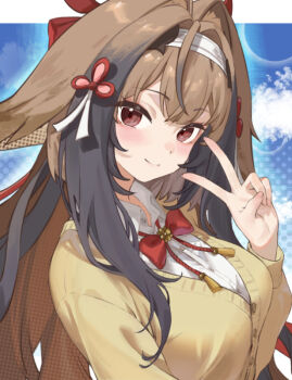 1girl animal_ears blush breasts brown_cardigan brown_hair cardigan closed_mouth clover_hair_ornament collared_shirt droopy_ears fox_ears fox_girl hair_intakes hair_ornament hairband long_hair long_sleeves looking_at_viewer mashaer red_eyes school_uniform shirt solo v very_long_hair white_hairband white_shirt ye_shunguang zenless_zone_zero