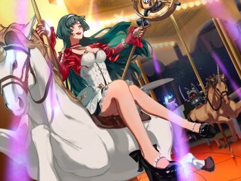 astra_yao bangboo_(zenless_zone_zero) black_hair black_shoes blunt_sidelocks breasts carousel cleavage dress earrings floating_hair full_body hairband harukimatsui_25 high_heels holding holding_microphone_stand jacket jewelry large_breasts long_hair microphone_stand necklace pearl_necklace red_eyes red_jacket red_shrug shoes shrug_(clothing) sidelocks sitting smile thigh_beads white_dress white_hairband white_horse zenless_zone_zero